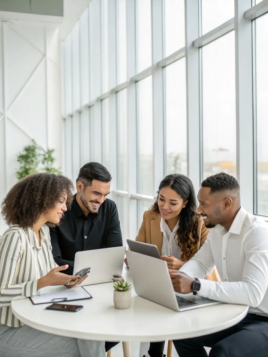 A diverse team collaborating on a project in a brightly lit, modern office space, emphasizing teamwork and communication.