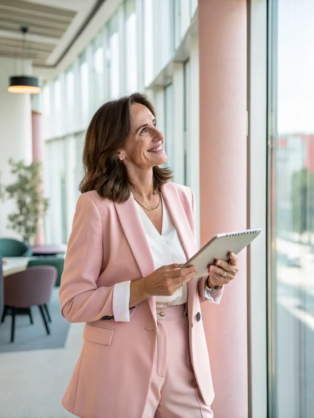 A professional woman confidently presenting a digital marketing strategy on a tablet, with a modern office background.