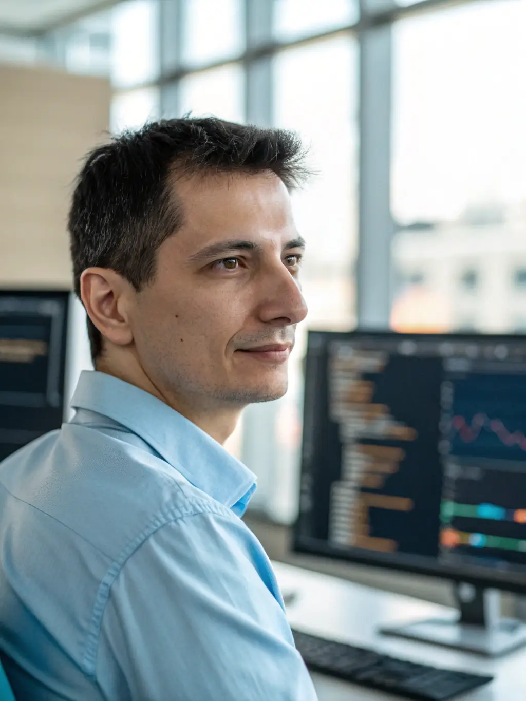A person confidently presenting data on a digital screen, showcasing digital proficiency and data analysis skills.