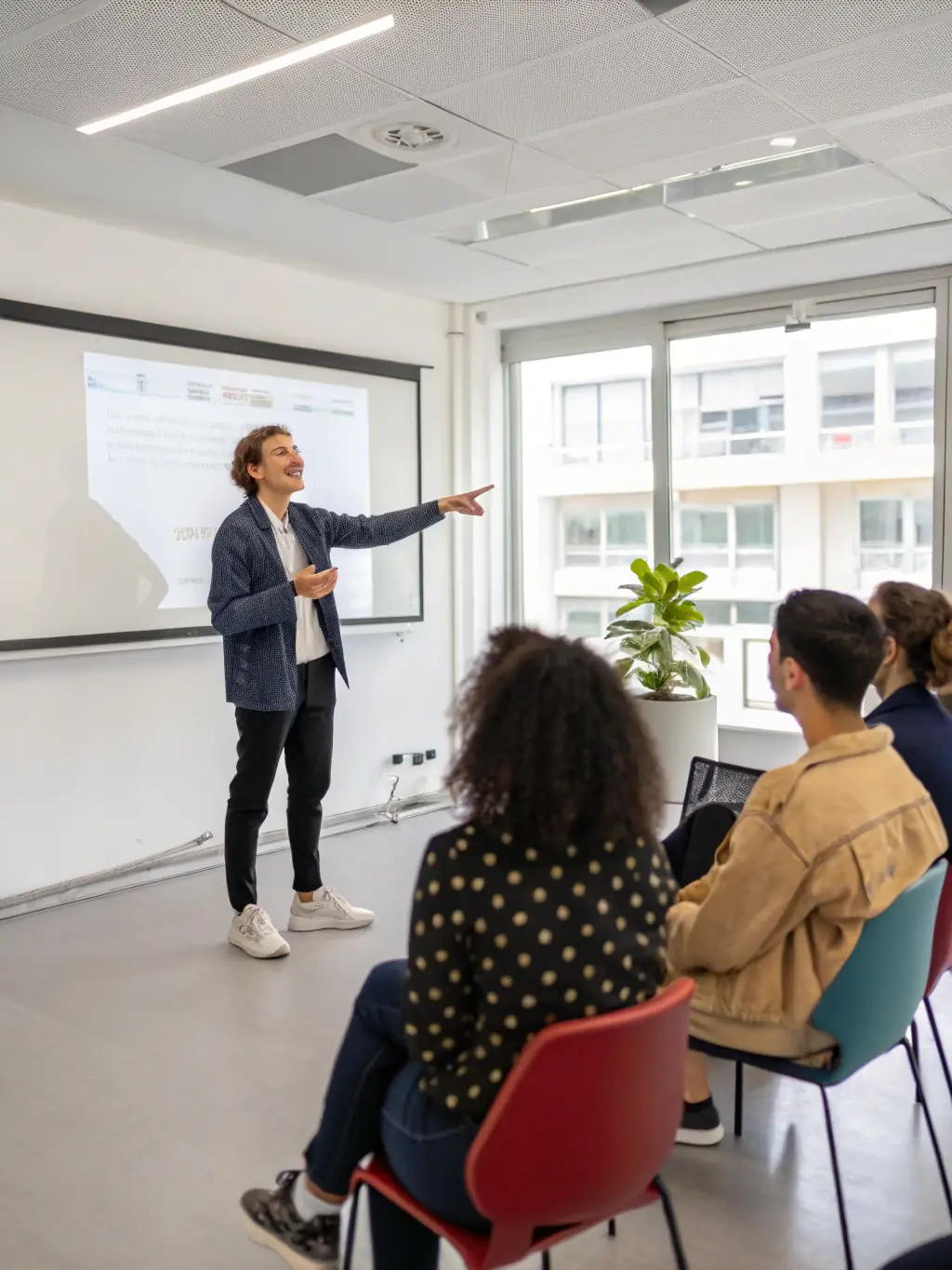 A person confidently presenting to a group of colleagues in a well-lit conference room, using visual aids and engaging body language, representing effective communication skills.