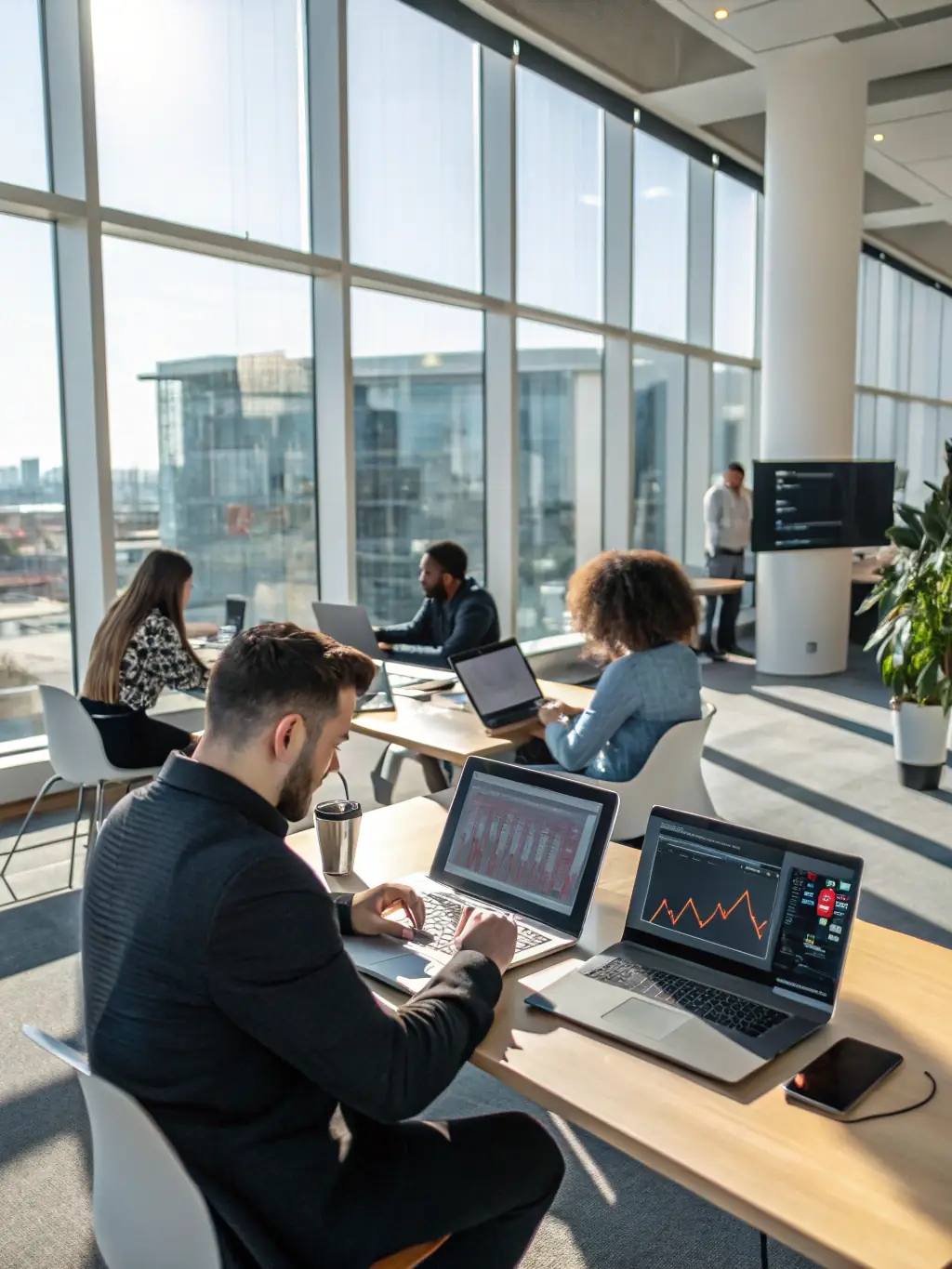 A professional in a modern office setting, collaborating with colleagues on a project, surrounded by digital devices and documents, symbolizing productivity and teamwork.
